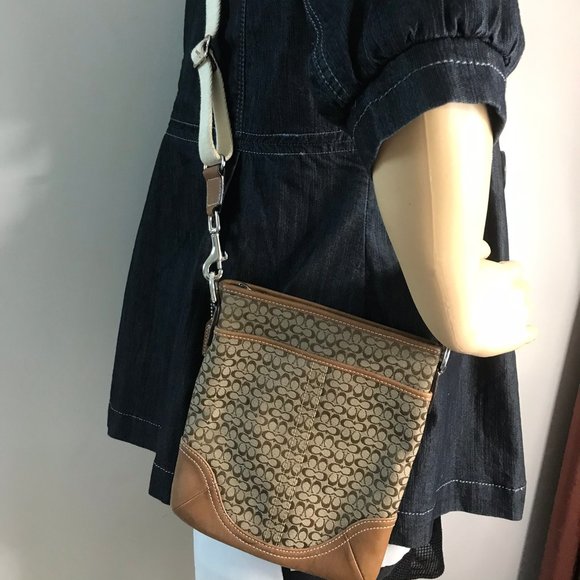 COACH Brown Tan Fabric Leather Combo CrossBody Bag - Picture 6 of 7